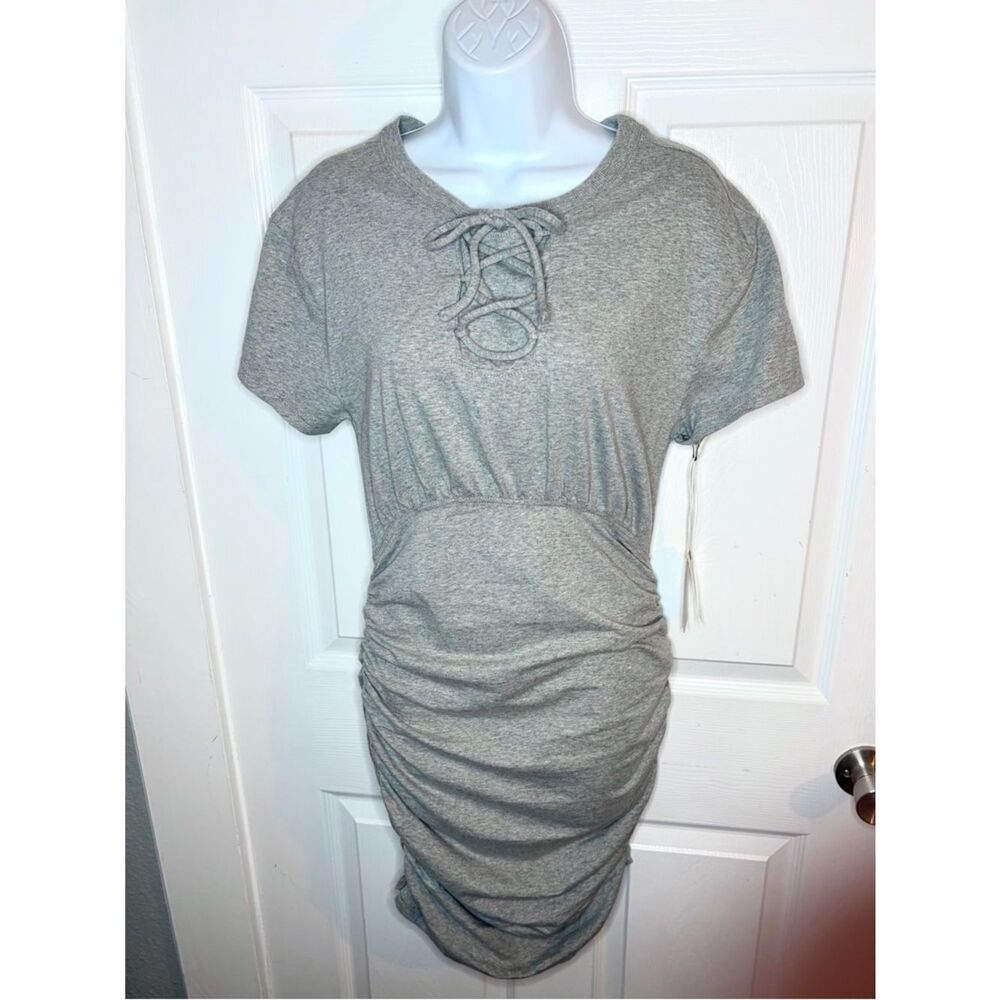 Anthropologie Field Play Short-Sleeve Ruched Mini Dress Lace-Up Gray M NWT - Picture 5 of 13